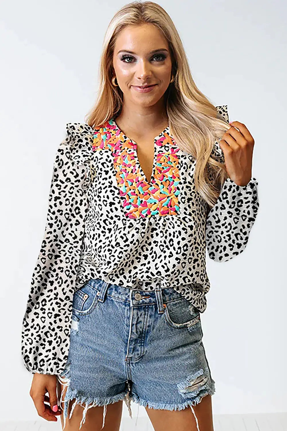 Black leopard floral patchwork v neck ruffled blouse - blouses & shirts