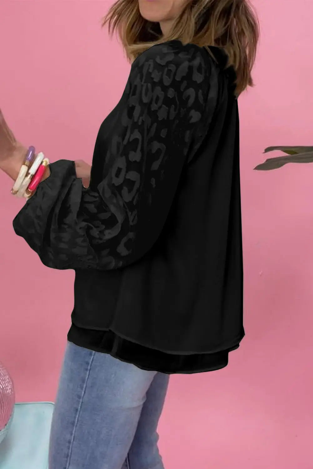 Black leopard mesh bubble sleeve split neck blouse - sweaters & cardigans