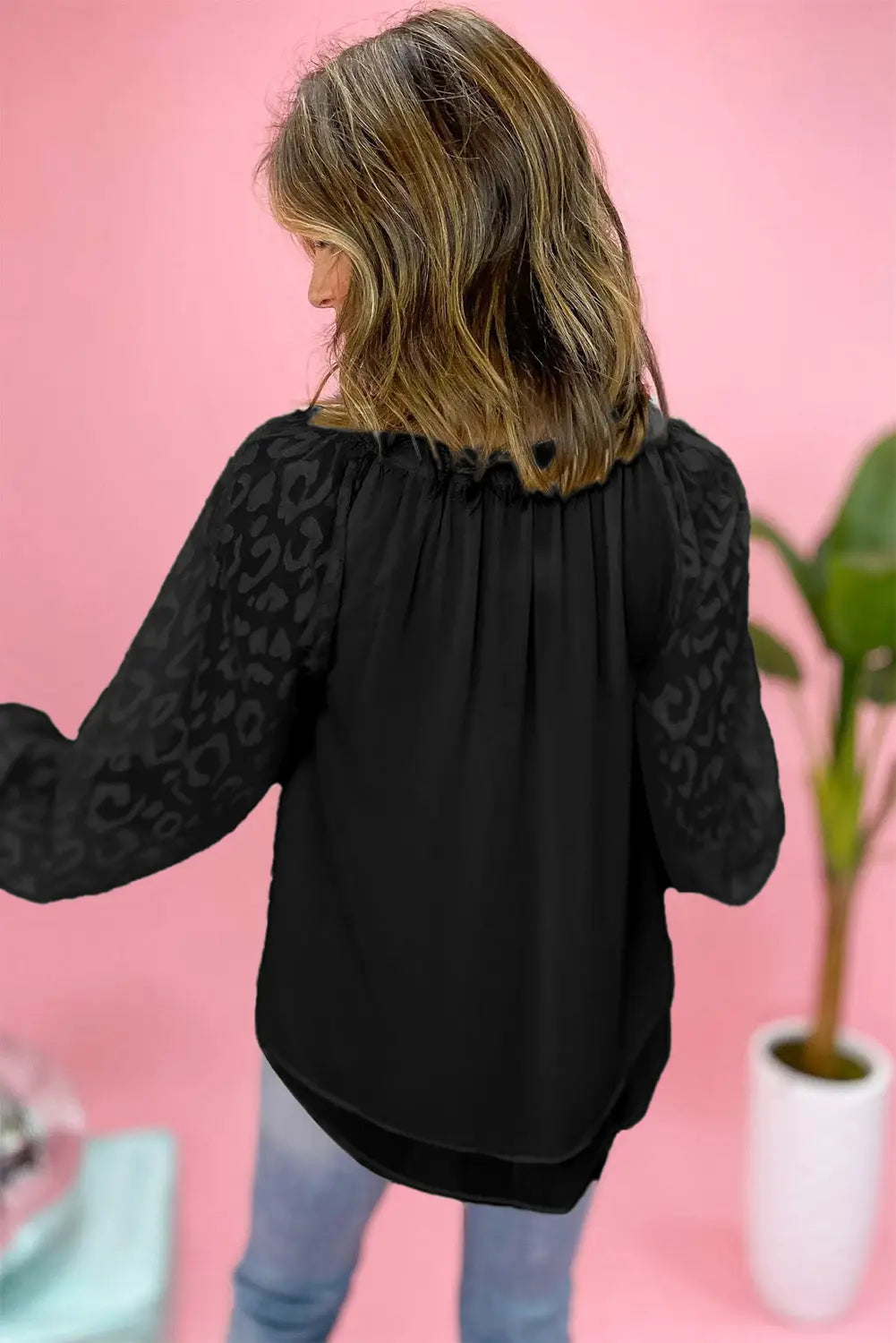 Black leopard mesh bubble sleeve split neck blouse - sweaters & cardigans