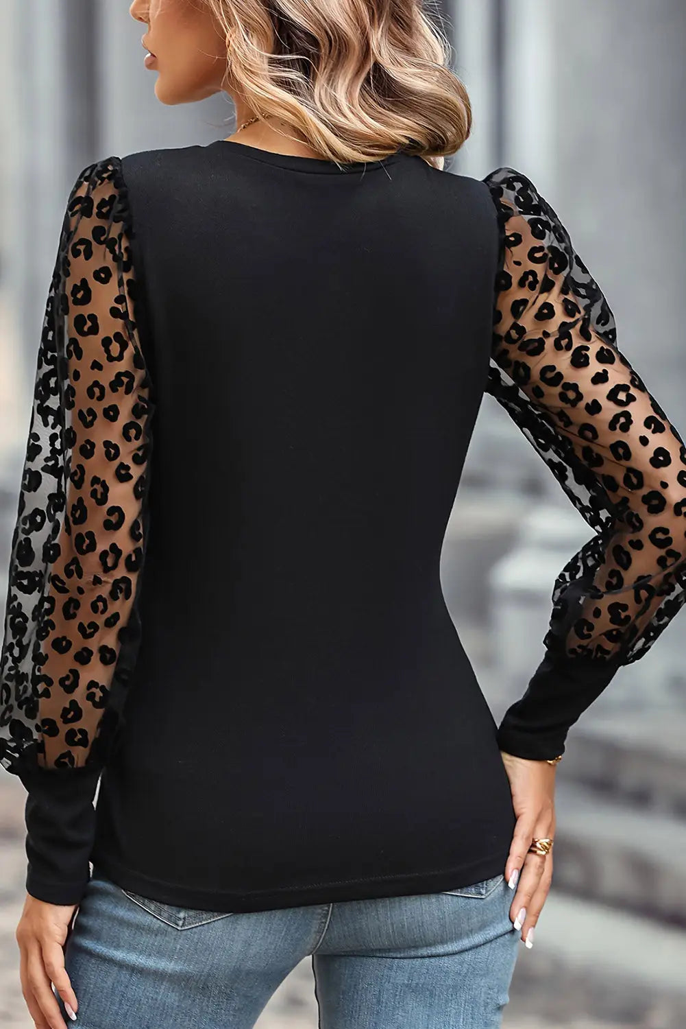 Black leopard mesh puff sleeve patchwork slim fit top - tops