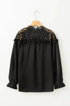 Black Leopard Mesh Splicing Ruffle Blouse - Fashionfitz