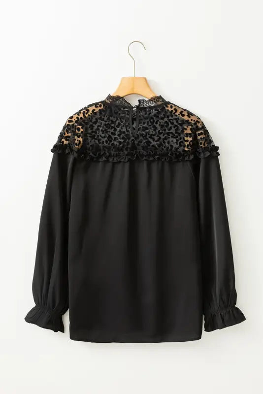 Black leopard mesh splicing ruffle long sleeve blouse - tops