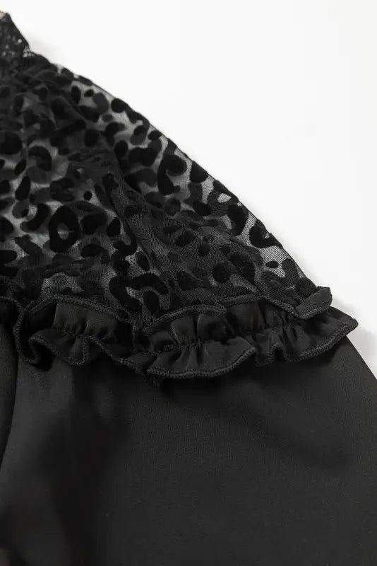 Black leopard mesh splicing ruffle long sleeve blouse - tops