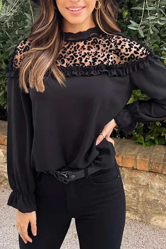 Black leopard mesh splicing ruffle long sleeve blouse - s / 100% polyester - tops