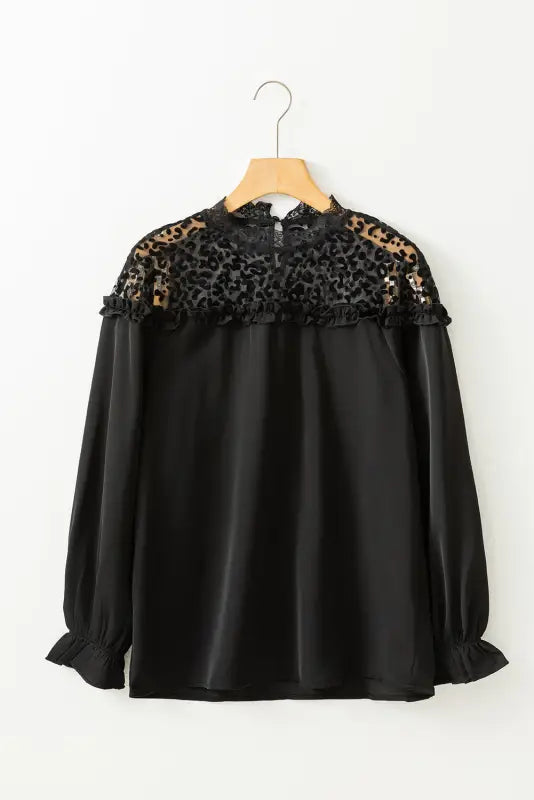 Black leopard mesh splicing ruffle long sleeve blouse - tops