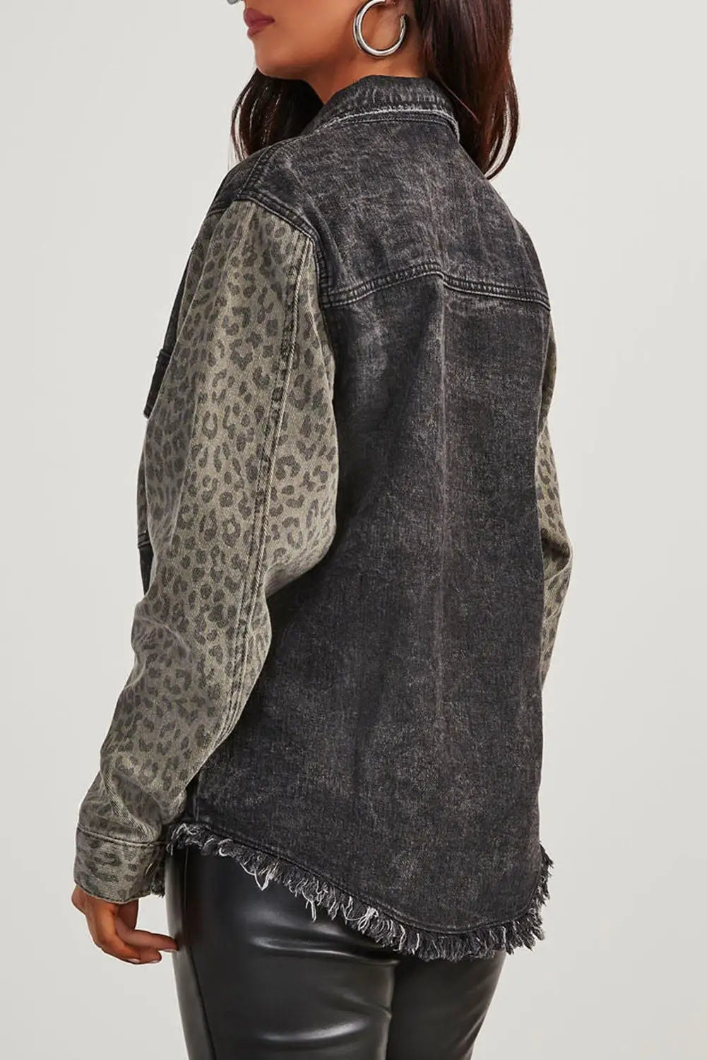 Black leopard patch pocket vintage raw hem denim jacket - jackets
