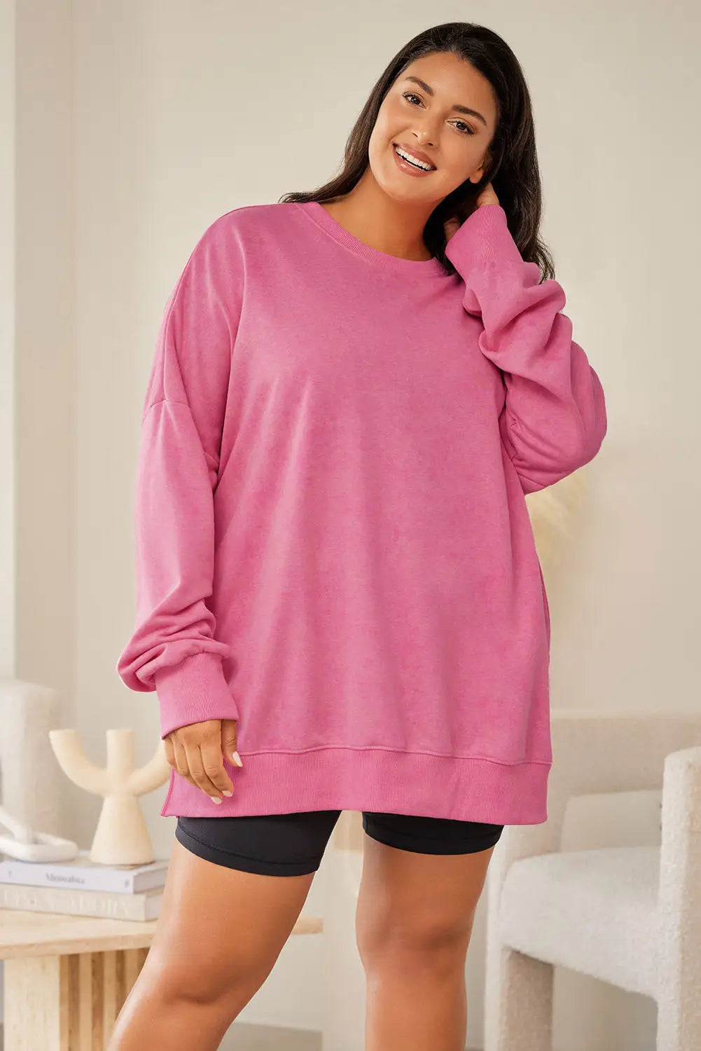 Black leopard patchwork bishop sleeve slit sweatshirt - pink / 1x / 75% polyester + 20% cotton + 5% elastane - tops