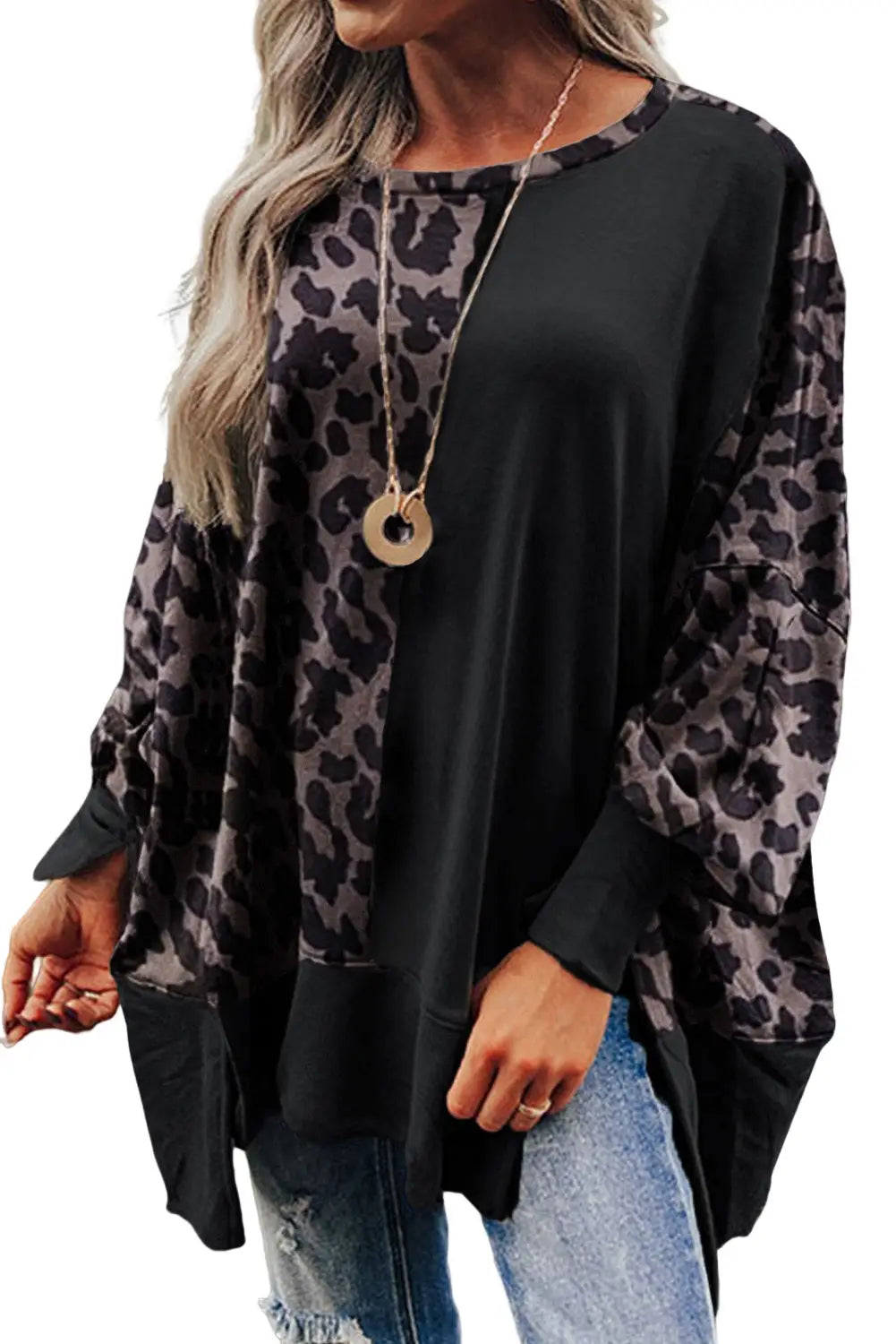 Black leopard patchwork bishop sleeve slit sweatshirt - tops
