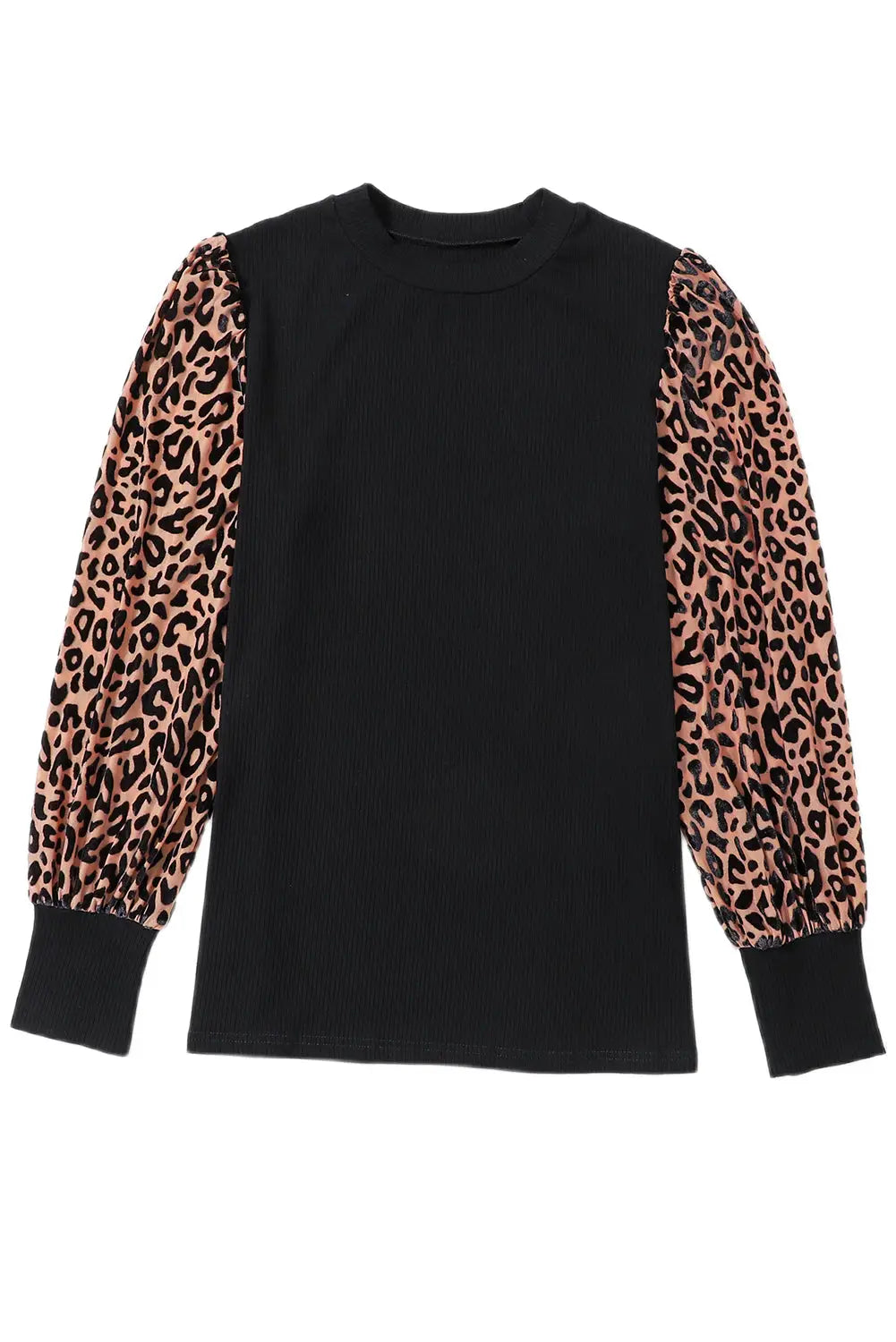 Black leopard patchwork ribbed knit mock neck plus size top