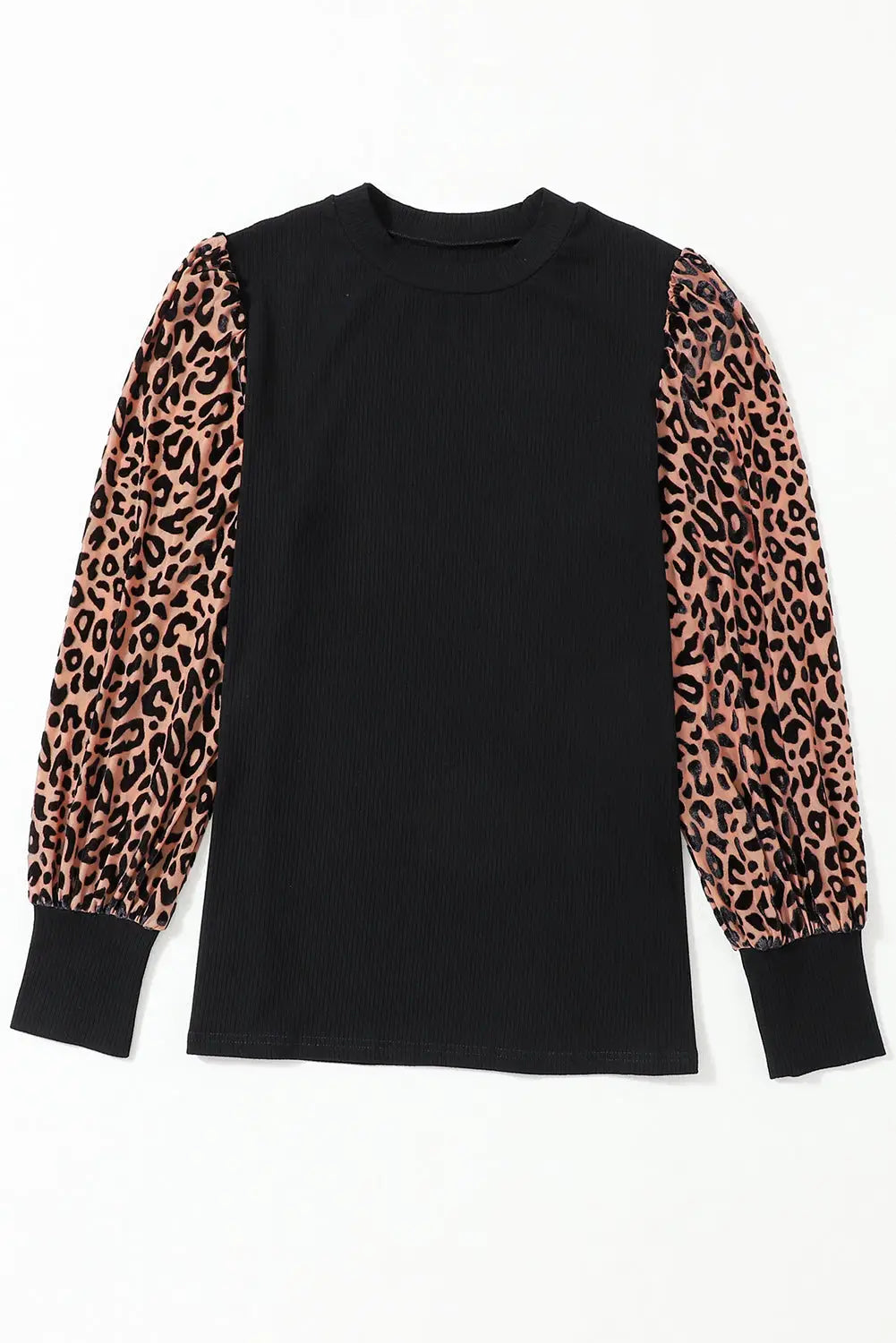 Black leopard patchwork ribbed knit mock neck plus size top