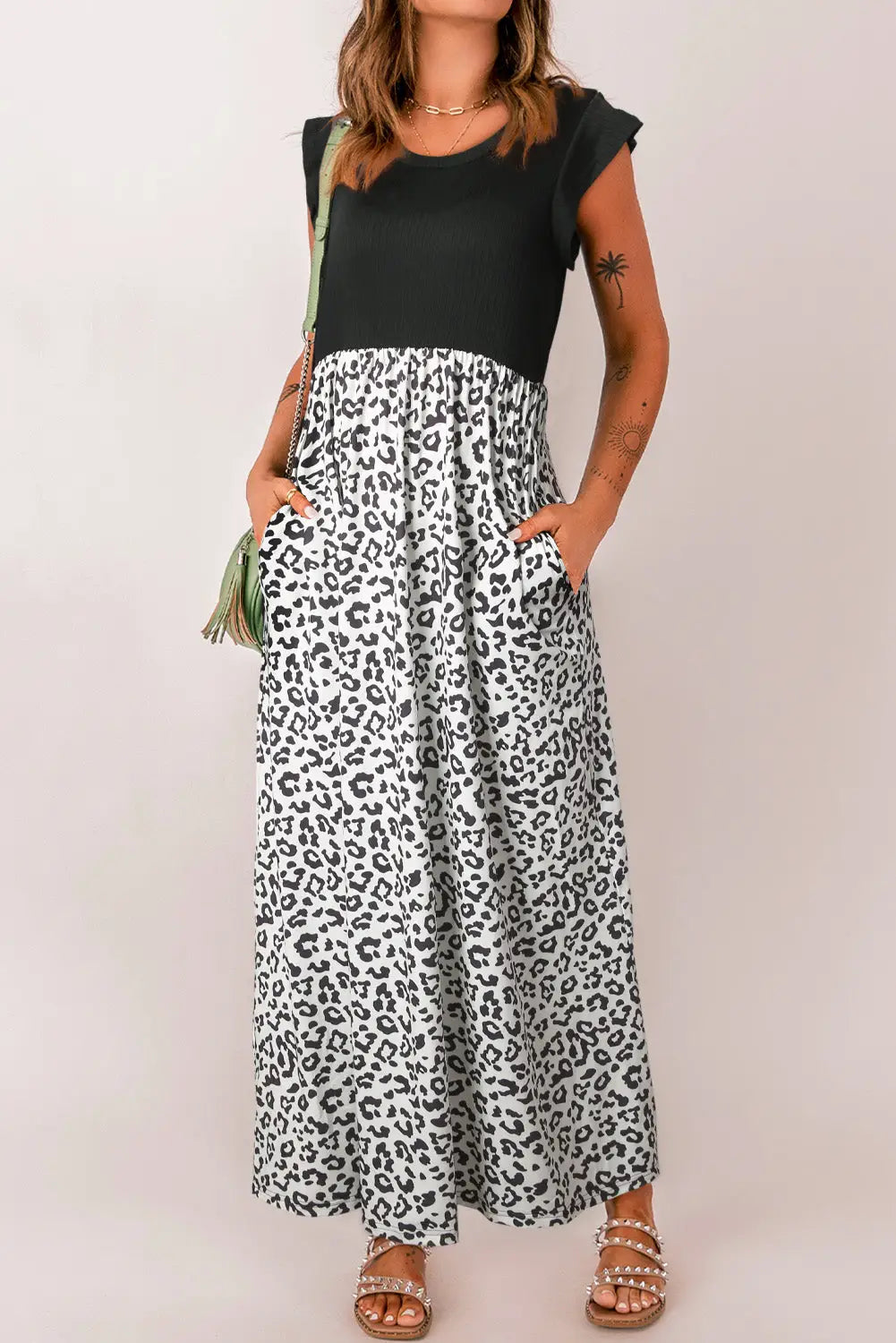 Black leopard patchwork ribbed maxi dress with pockets - dresses