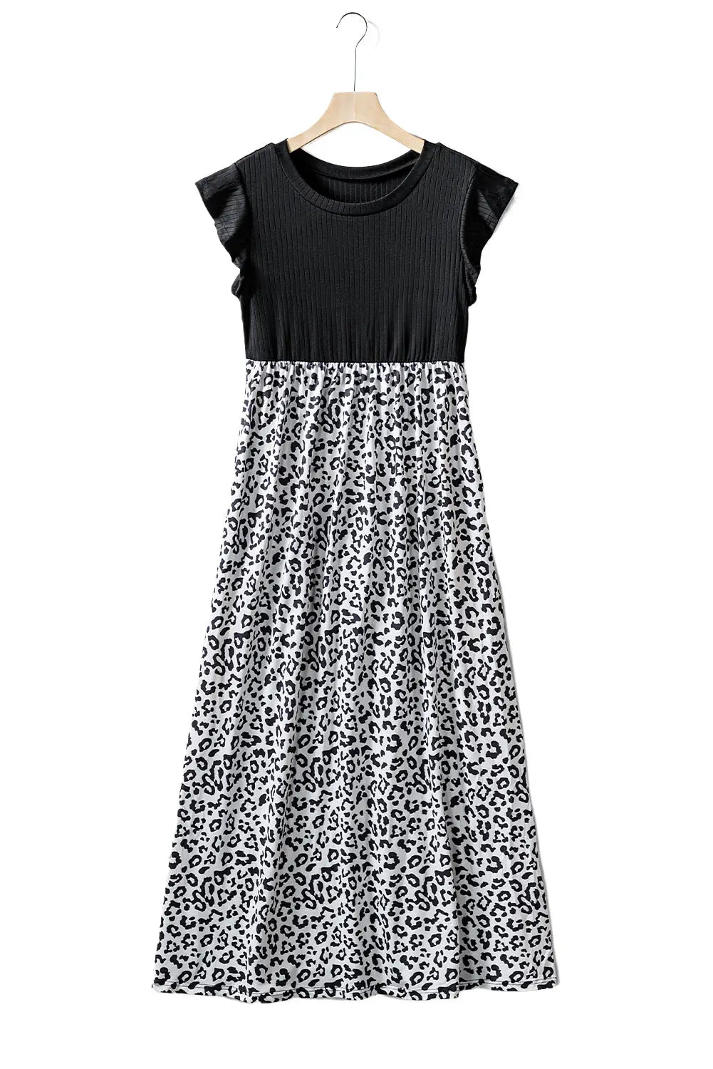 Black leopard patchwork ribbed maxi dress with pockets - dresses