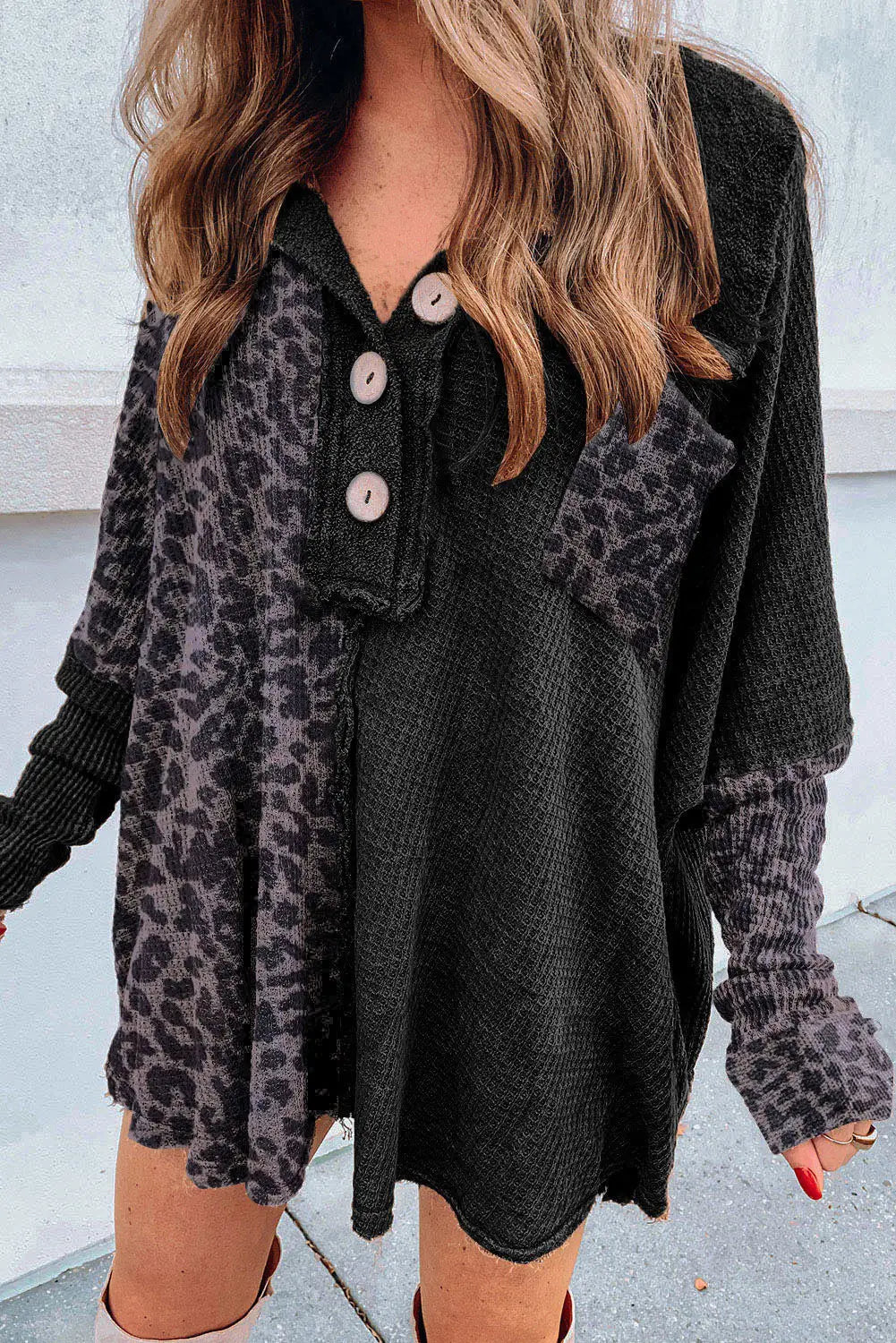 Black leopard patchwork waffle knit buttoned blouse - s /
