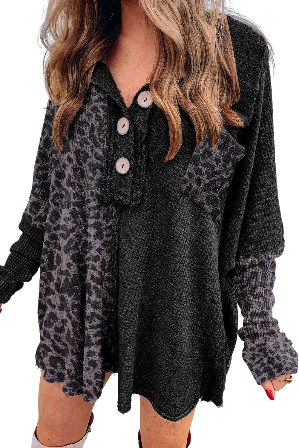 Black leopard patchwork waffle knit buttoned blouse - tops