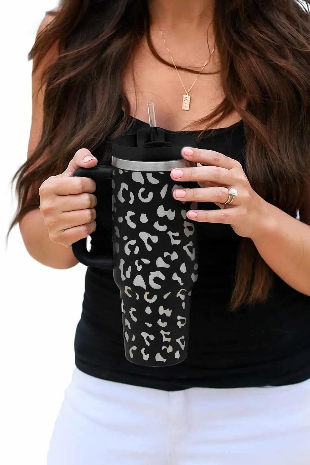 Black leopard print 40oz stainless steel portable cup with handle - one size / steel - tumblers