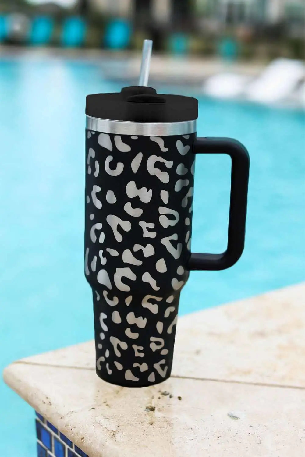 Black leopard print 40oz stainless steel portable cup with handle - one size / steel - tumblers