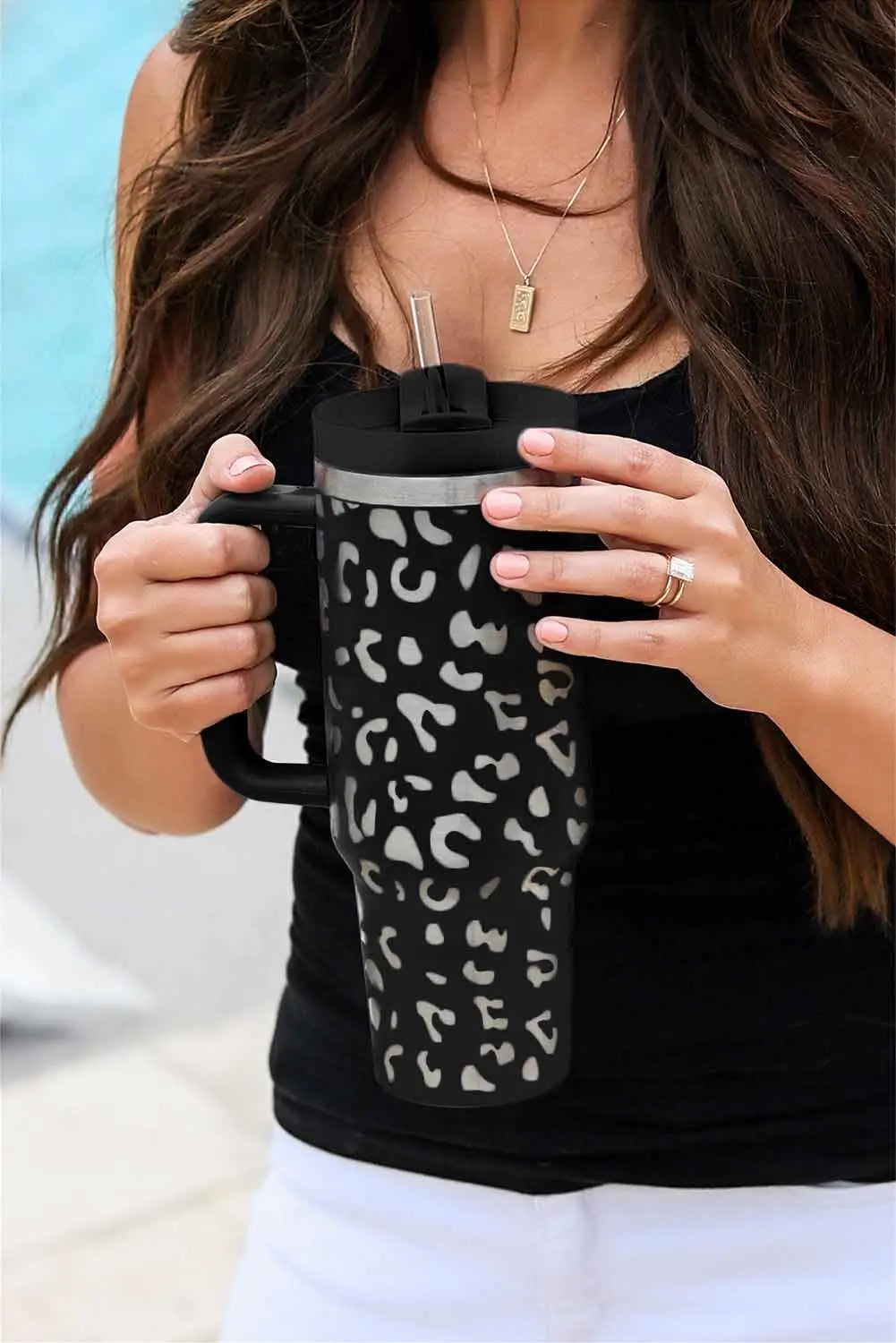 Black leopard print 40oz stainless steel portable cup with handle - one size tumblers