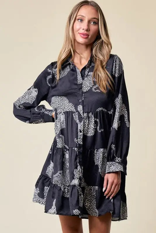 Black leopard print button-up long sleeve shirt mini dress - dresses