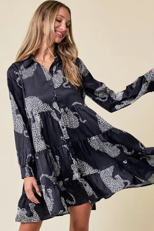 Black leopard print button-up long sleeve shirt mini dress - dresses