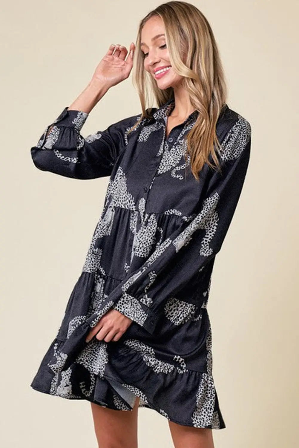 Black leopard print button-up long sleeve shirt mini dress - dresses