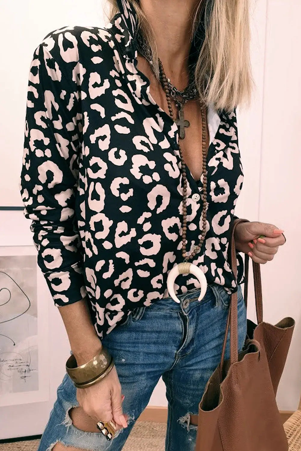 Black leopard print button up long sleeve shirt - blouses & shirts