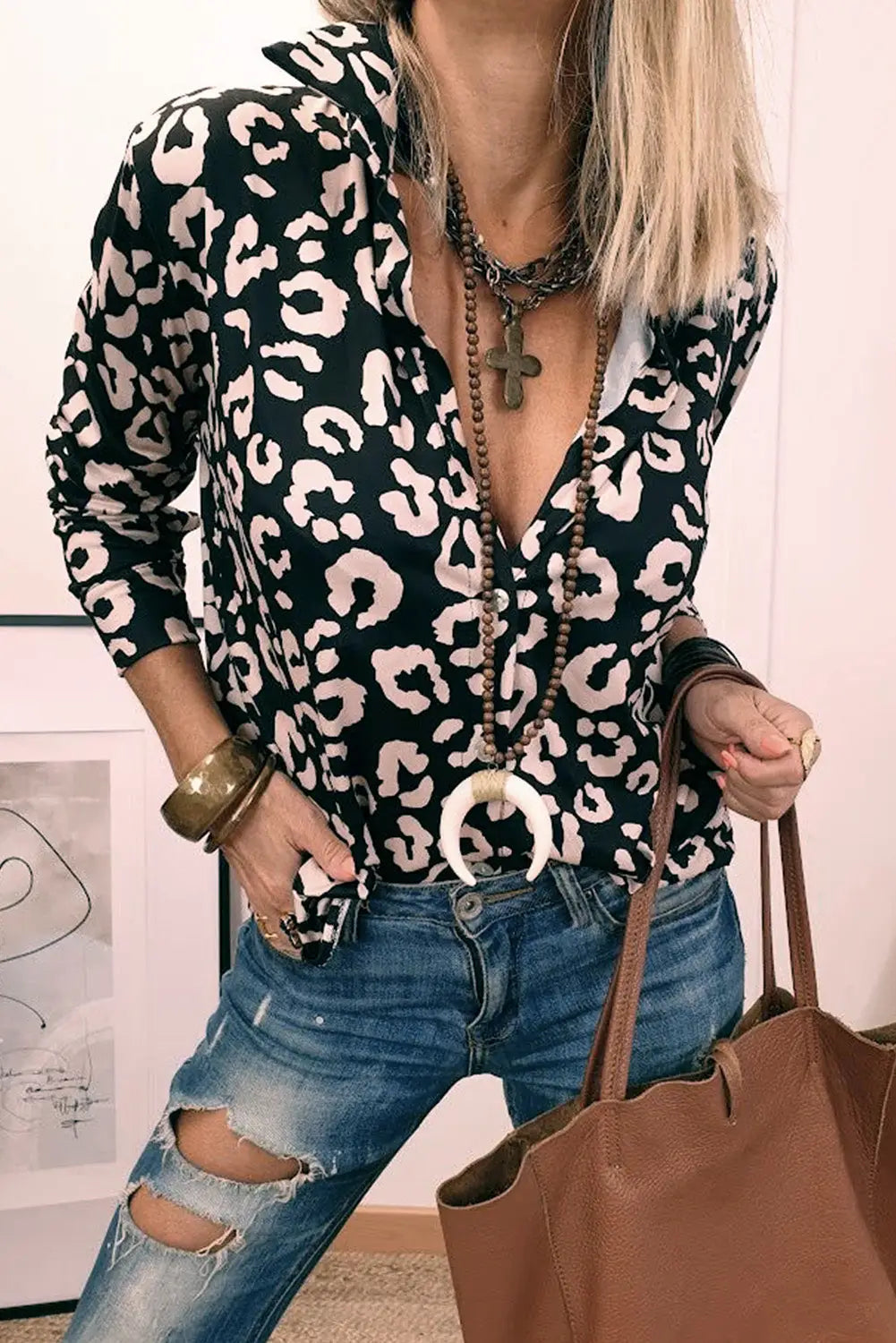 Black leopard print button up long sleeve shirt - blouses & shirts