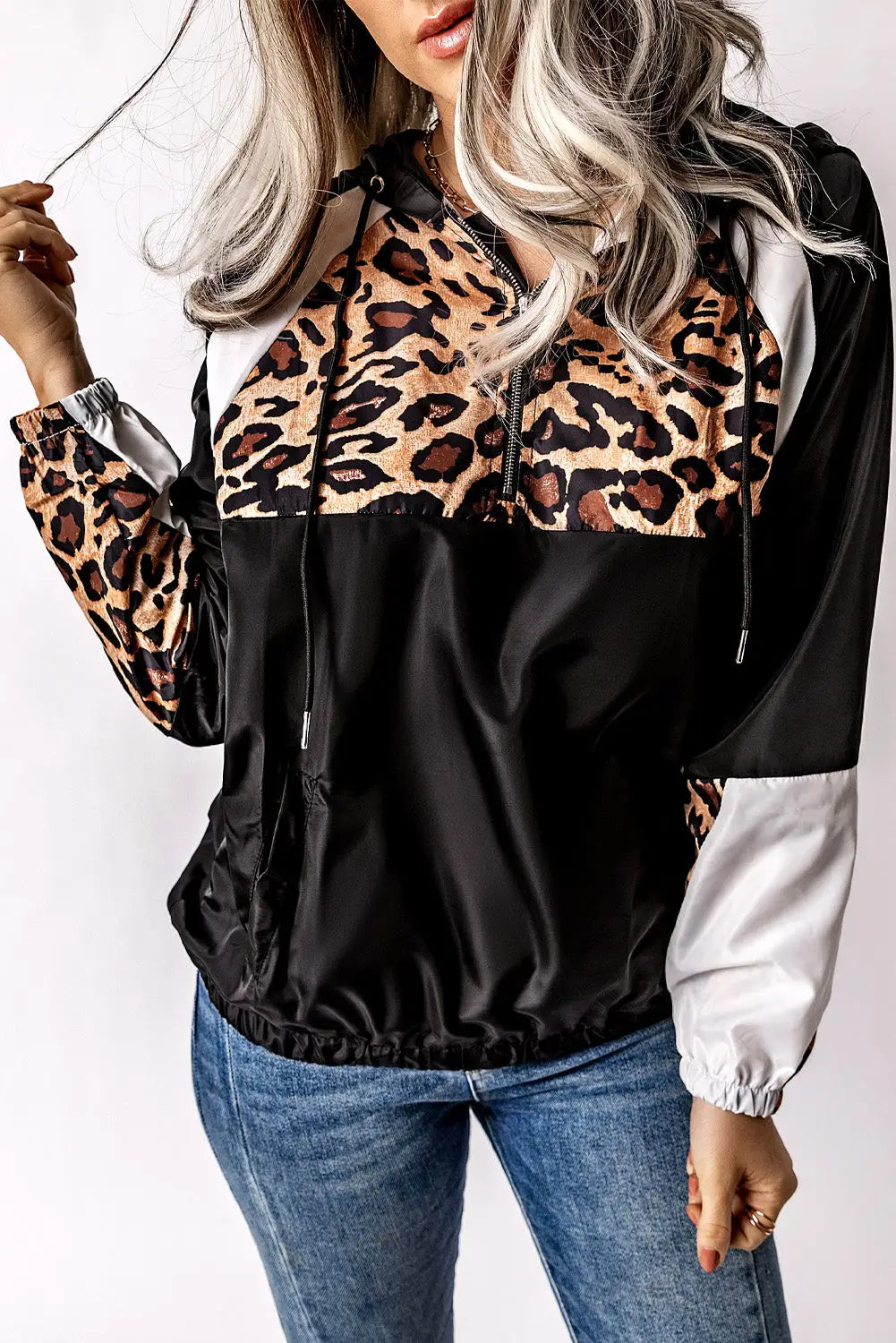 Black leopard print contrast stitching hoodie - s / 100% polyester - sweatshirts & hoodies