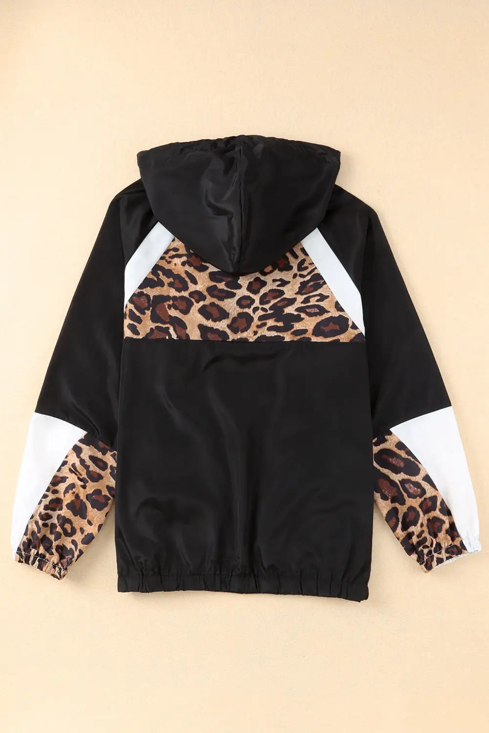 Black leopard print contrast stitching hoodie - tops
