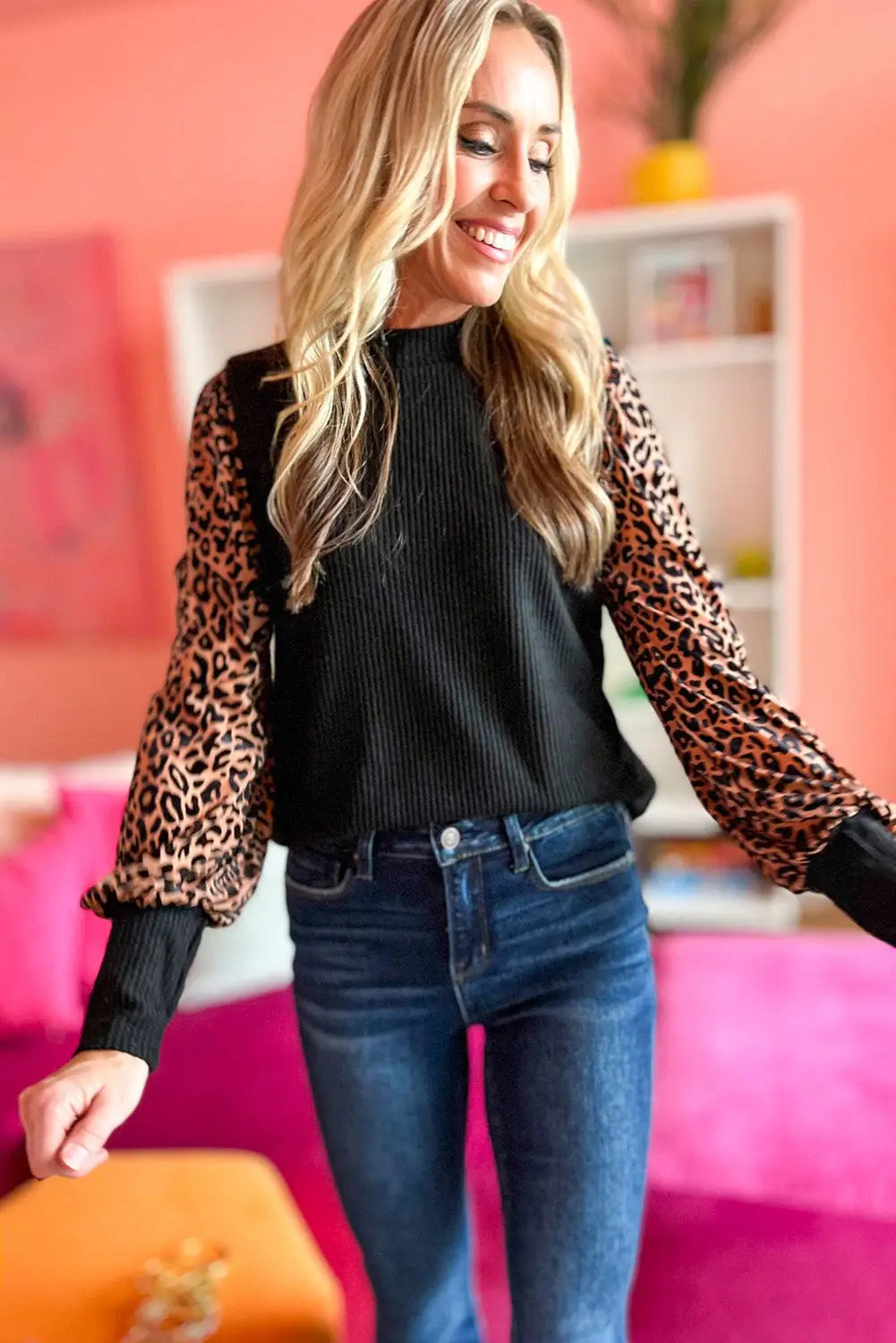 Black leopard print long sleeve ribbed knit blouse - tops