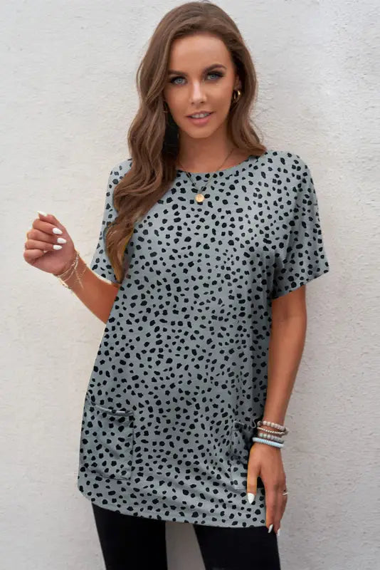 Black leopard print side pockets tunic top - t-shirts