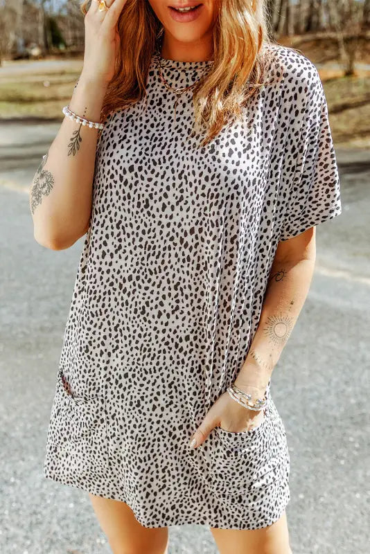 Black leopard print side pockets tunic top - t-shirts