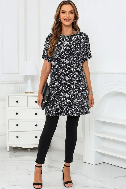 Black leopard print side pockets tunic top - t-shirts