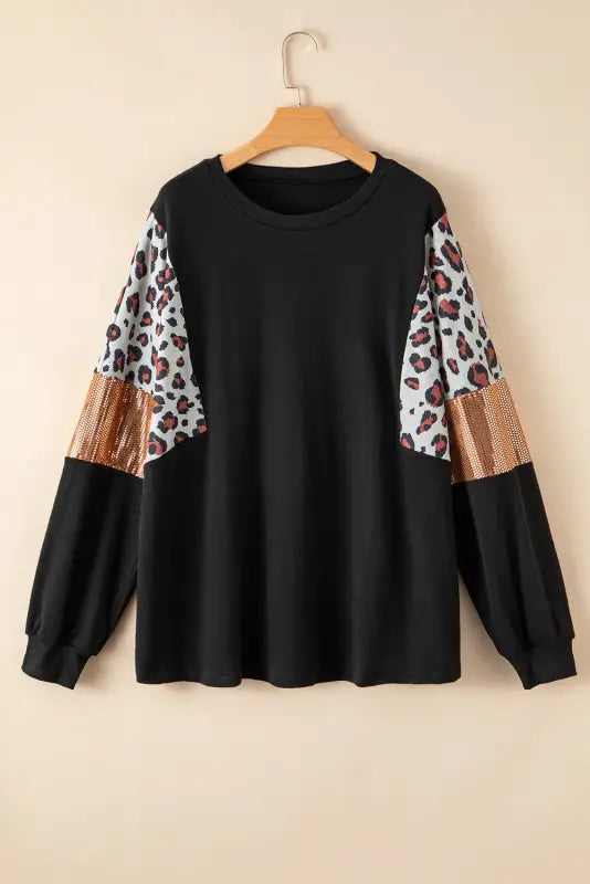 Black leopard sequin patch plus size long sleeve top