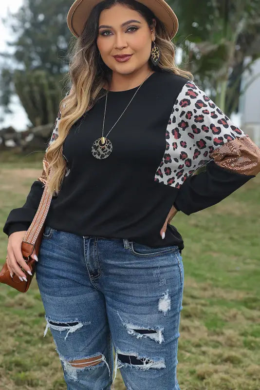 Black leopard sequin patch plus size long sleeve top