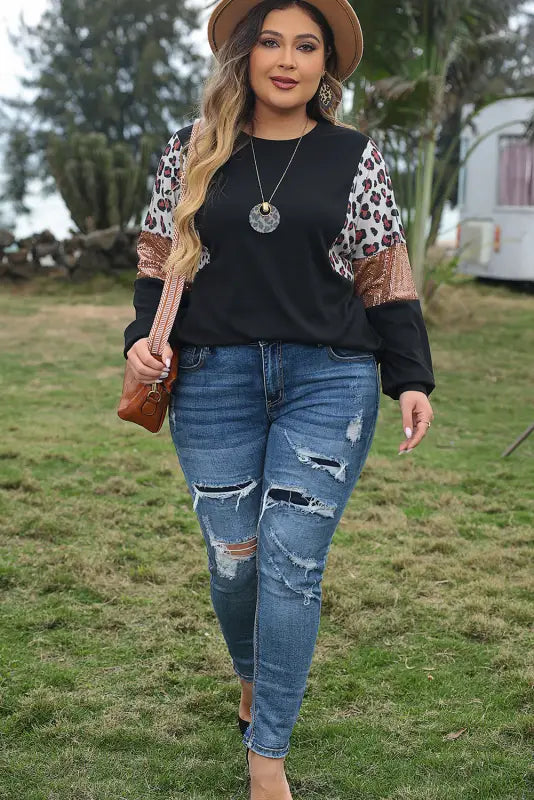 Black leopard sequin patch plus size long sleeve top