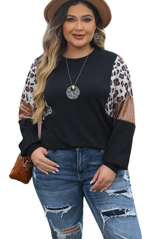 Black leopard sequin patch plus size long sleeve top