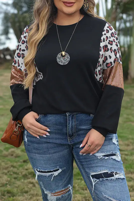 Black leopard sequin patch plus size long sleeve top