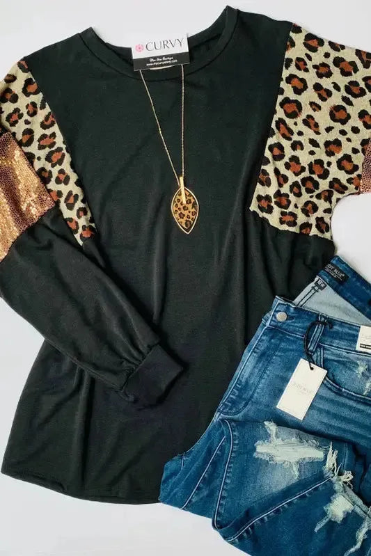 Black Leopard Sequin Patch Plus Size Long Sleeve Top - Fashionfitz