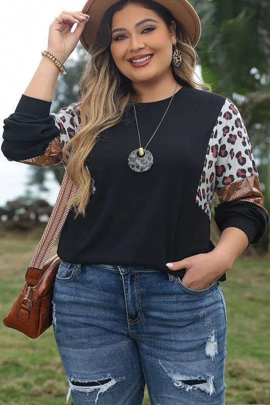 Black leopard sequin patch plus size long sleeve top