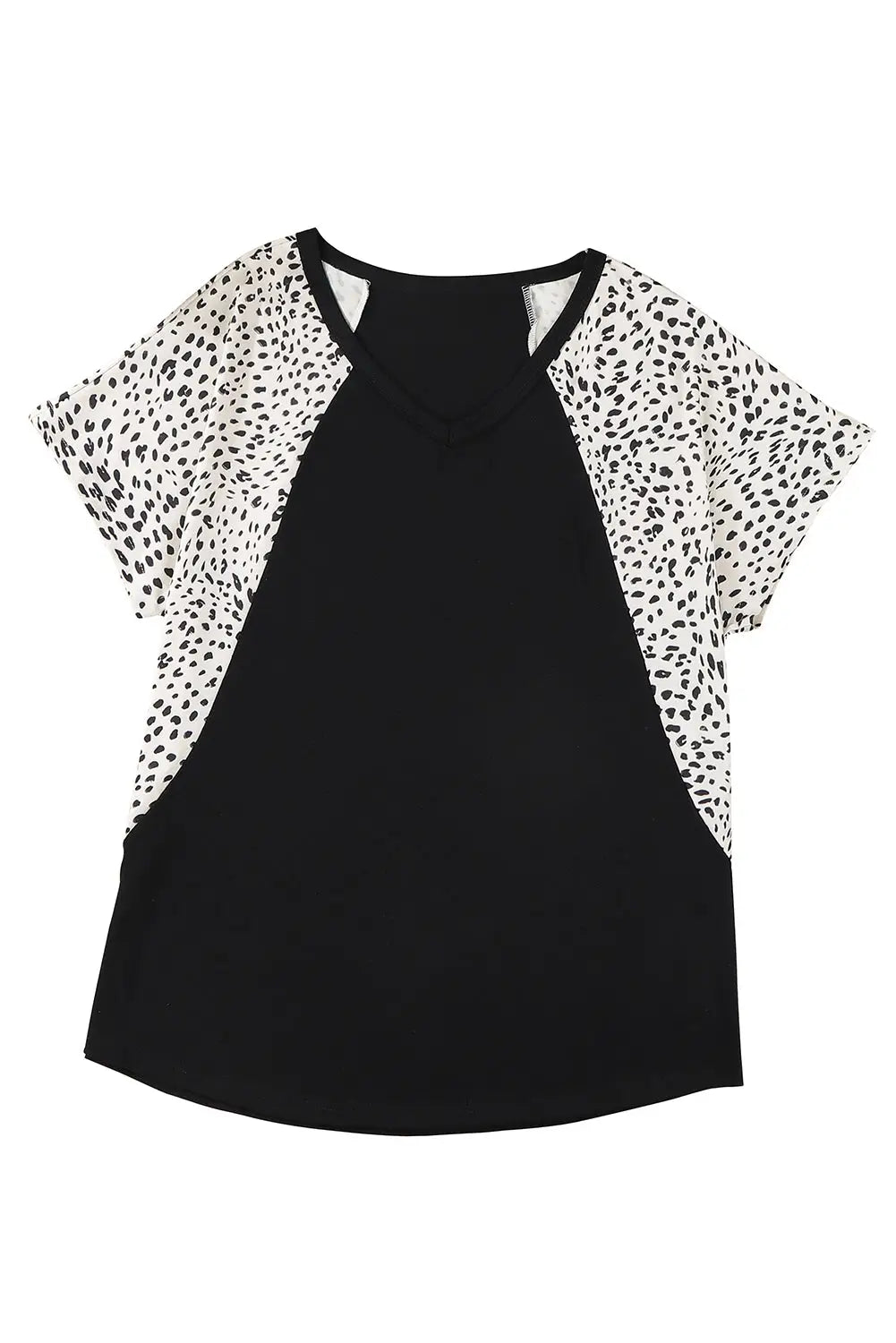 Black leopard sleeves color block v neck t-shirt - tops