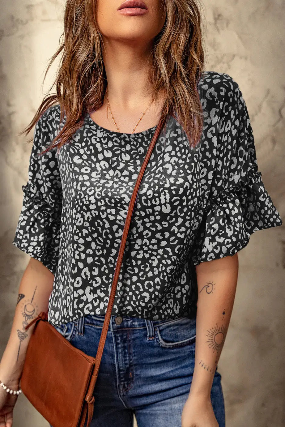 Black leopard spotted ruffle sleeve t-shirt - t-shirts