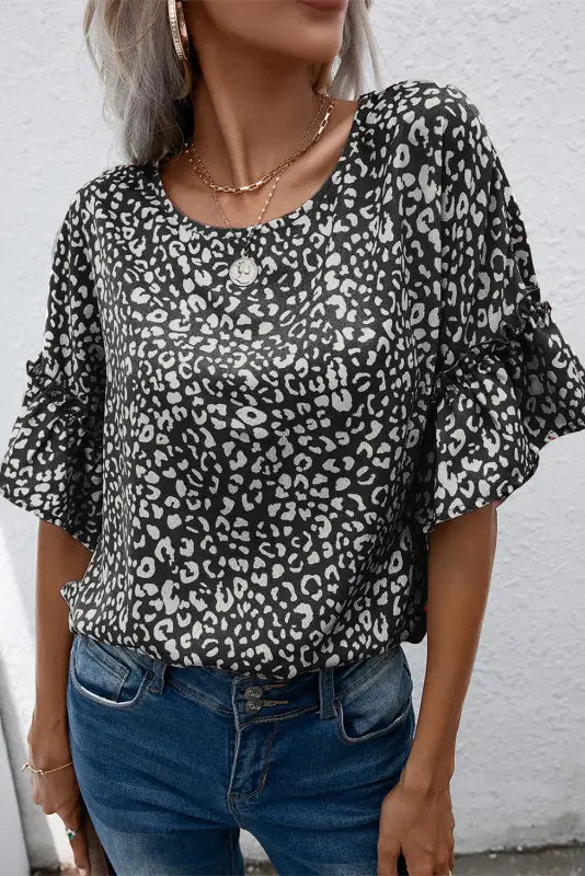 Black leopard spotted ruffle sleeve t-shirt - t-shirts