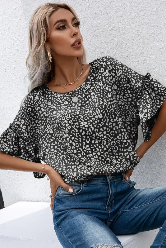 Black leopard spotted ruffle sleeve t-shirt - t-shirts