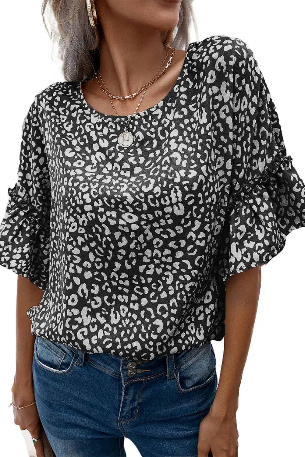 Black leopard spotted ruffle sleeve t-shirt - t-shirts