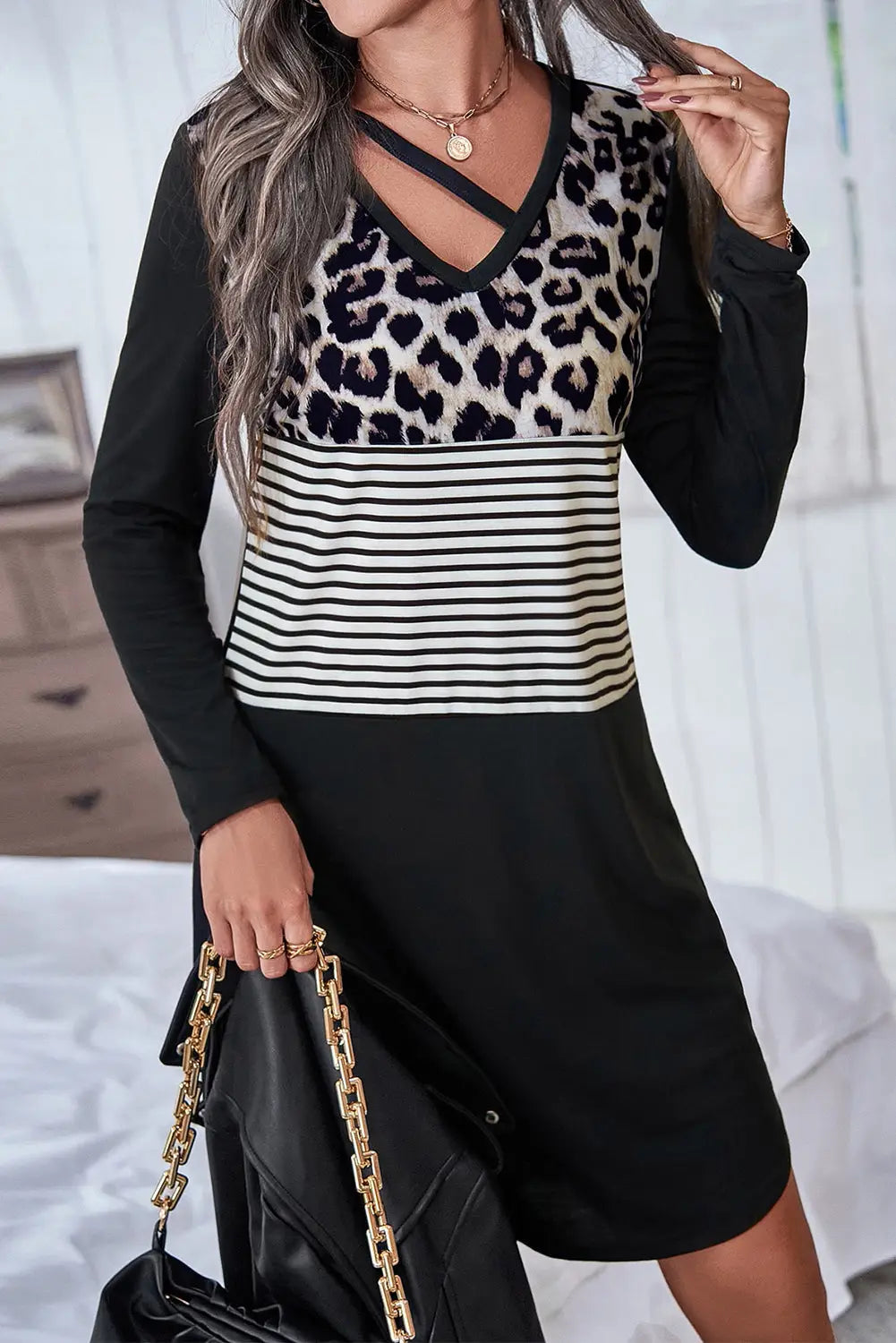Black leopard striped patchwork long sleeve t-shirt dress -