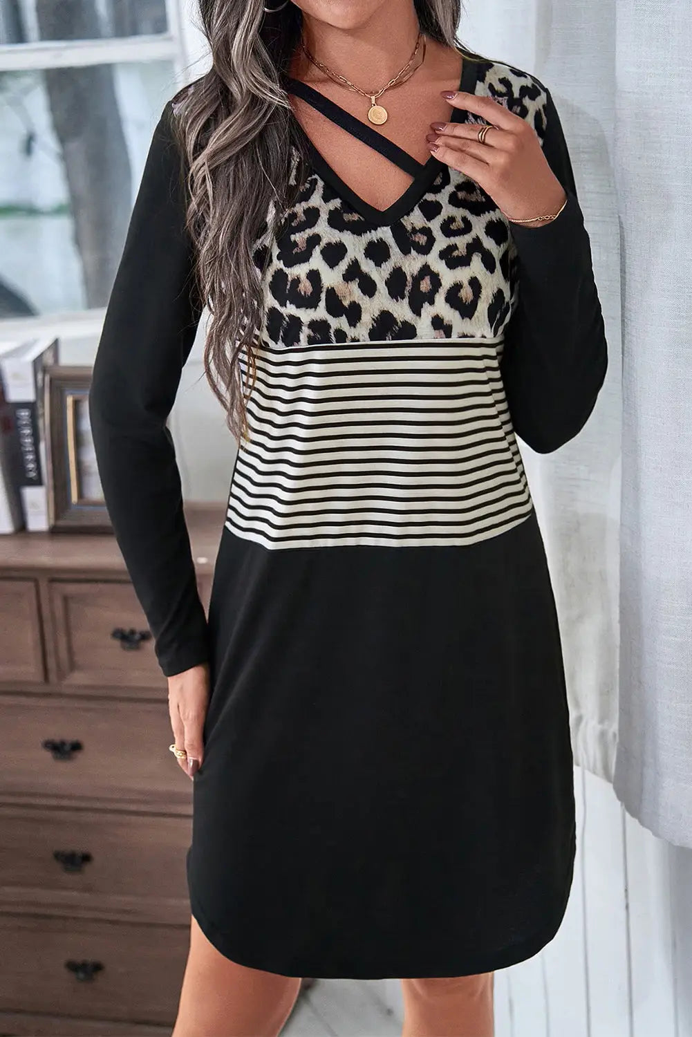 Black leopard striped patchwork long sleeve t-shirt dress -