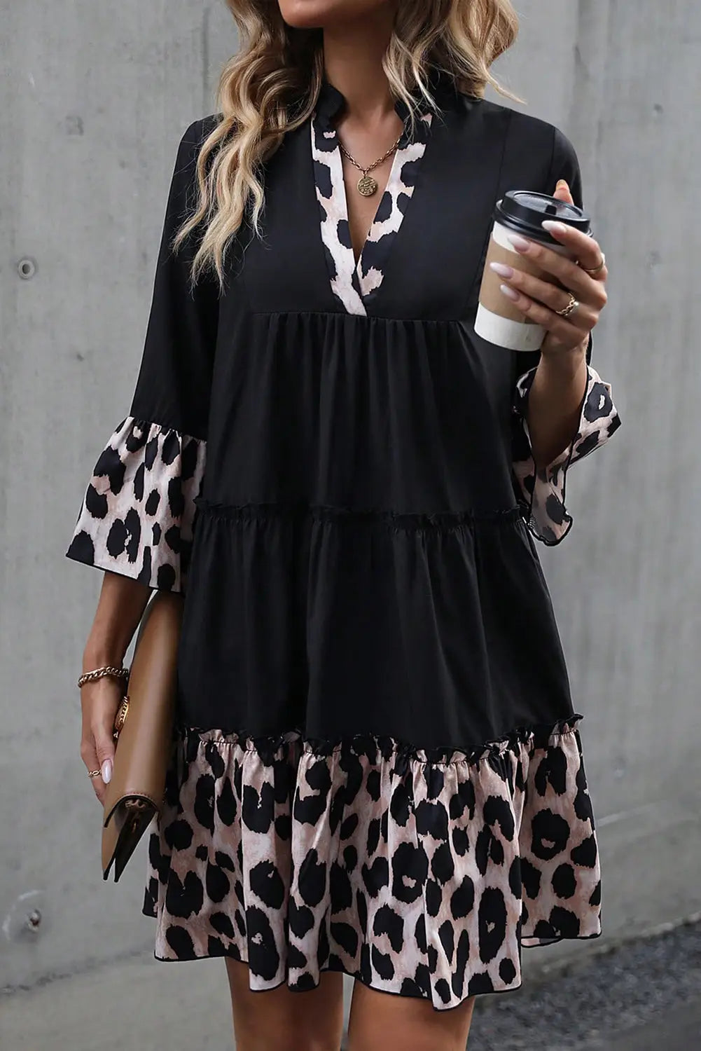 Black leopard trim v neck ruffled sleeve flared dress - mini dresses