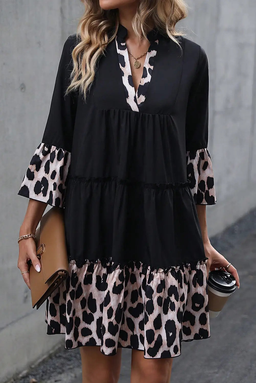 Black leopard trim v neck ruffled sleeve flared dress - mini dresses