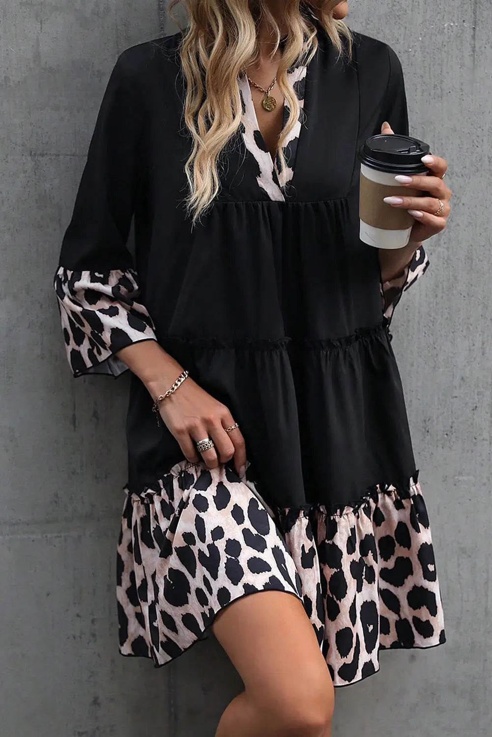 Black leopard trim v neck ruffled sleeve flared dress - l / 100% polyester - mini dresses