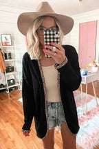 Black Leopard Trim Waffle Knit Open Front Cardigan - Fashionfitz